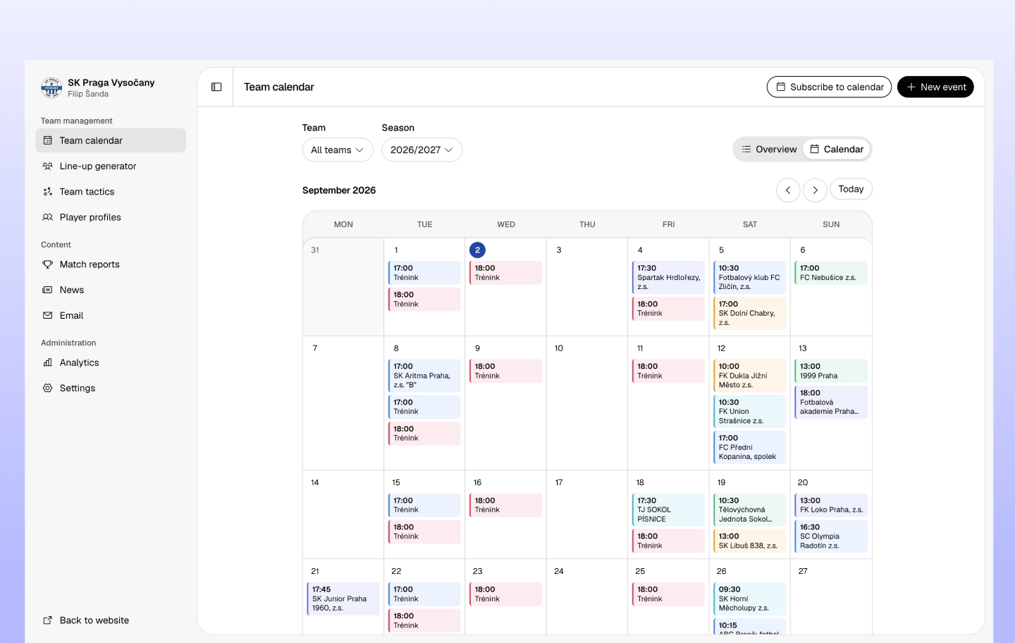 Football CMS team calendar
